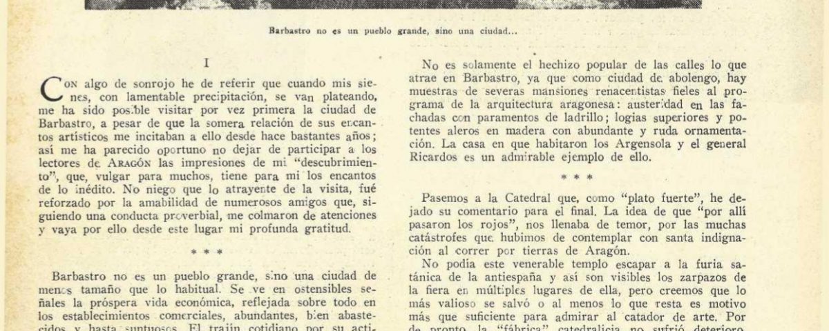Artículo sobre Barbastro publicado en noviembre de 1942