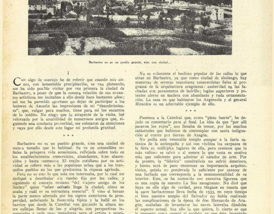 Artículo sobre Barbastro publicado en noviembre de 1942