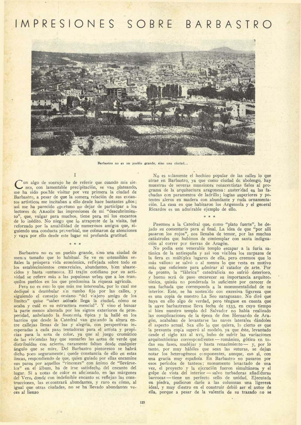 Artículo sobre Barbastro publicado en noviembre de 1942