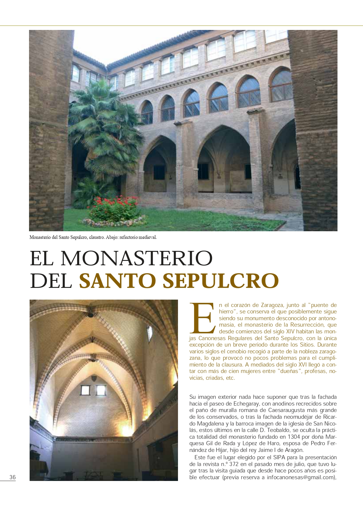 Artículo sobre el Monasterio del Santo Sepulcro publicado en diciembre de 2012