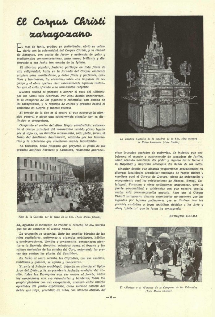 Artículo sobre el Corpus Christi zaragozano publicado en la revista de abril de 1953
