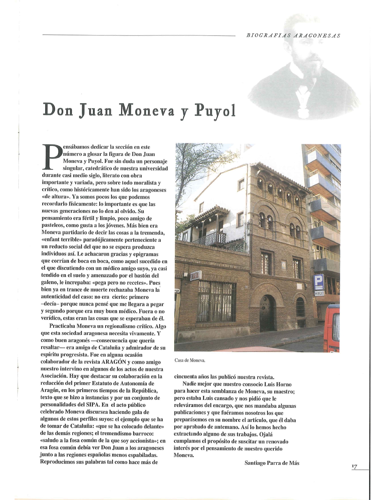 Artículo sobre Juan Moneva y Puyol publicado en la revista de noviembre de 1995