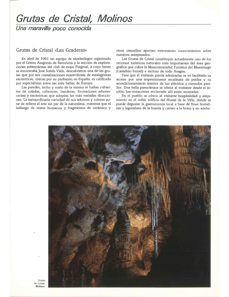 Artículo sobre las Grutas de Cristal (Molinos) publicado en noviembre de 1987